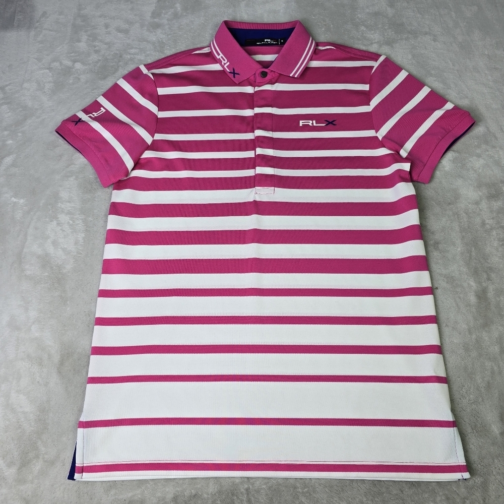 RLX / Ralph Lauren Pink, White Striped Short Sleve Polo Shirt Sz Med